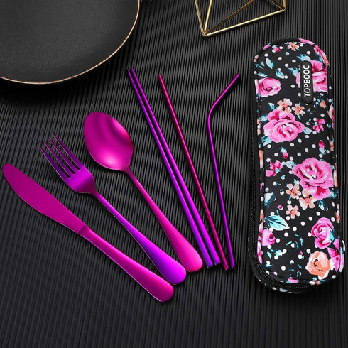 Travel Utensils Reusable Silverware Set - Portable Cutlery Set with Waterproof Carrying Case for Lunch Boxes