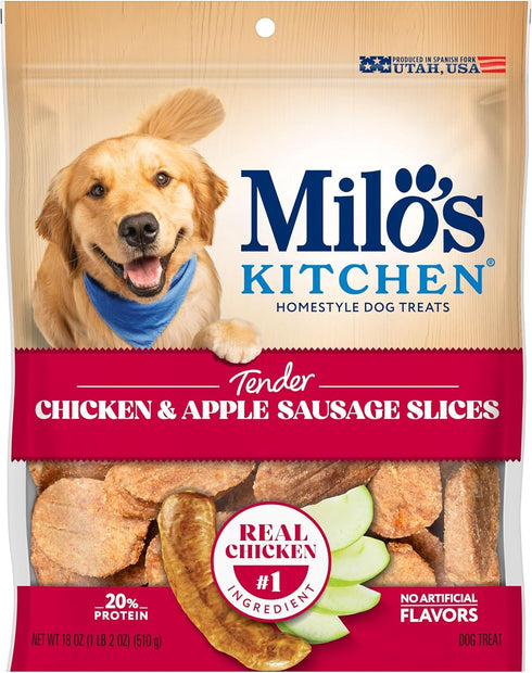 18 Oz. Milos Kitchen Chicken & Apple Sausage Slices Dog Treats, Bag