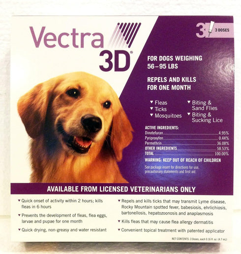 Vectra 3D Purple for Dogs, 56-95 lbs - 3 Doses