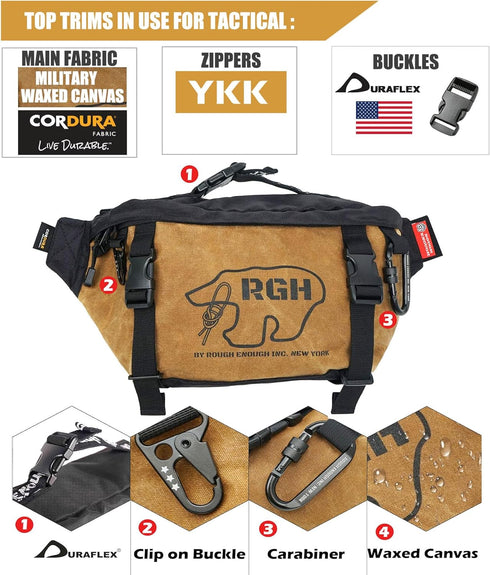 Rough Enough Tactical Fanny Pack for Men, Large Crossbody Waist Bag for Hunting, Hiking, Fishing in Military Khaki