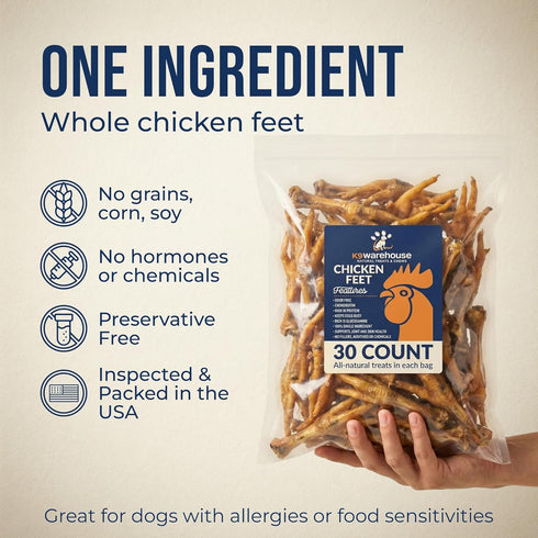 K9warehouse 30 Count, 100% Chicken Feet for Dogs - Dehydrated Chicken Dog Treats, Natural, High Protein, Single