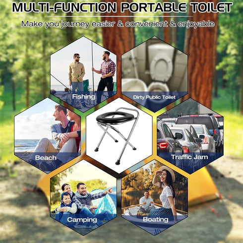 16.5"H 350LB Portable Toilet for Camping, Capacity Stainless Steel Folding Toilet with Soft Seat & Bags, Collapsible