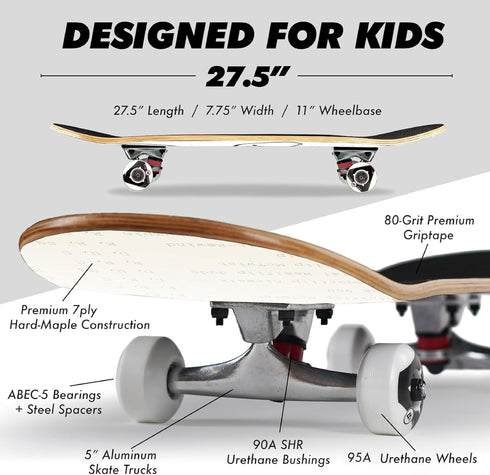 Magneto Complete Skateboard, Maple Wood with ABEC 5 Bearings, Kids Cruiser Skateboard for Beginners
