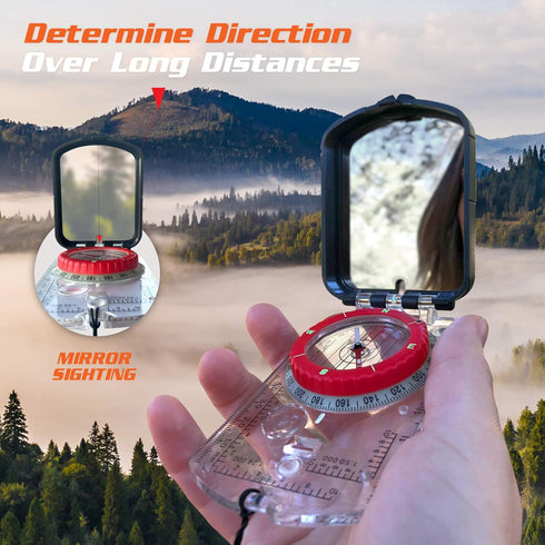 PREPARED4X 35-Ft 550 Hiking Compass Survival Mirror Sighting Map Orienteering Compass with Survival Paracord Lanyard