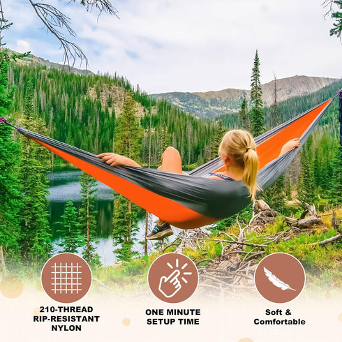 SZHLUX Double & Single Camping Hammock with 2 Tree Straps, Portable for Hiking, Backpacking, Outdoor, Beach, Orange/Grey
