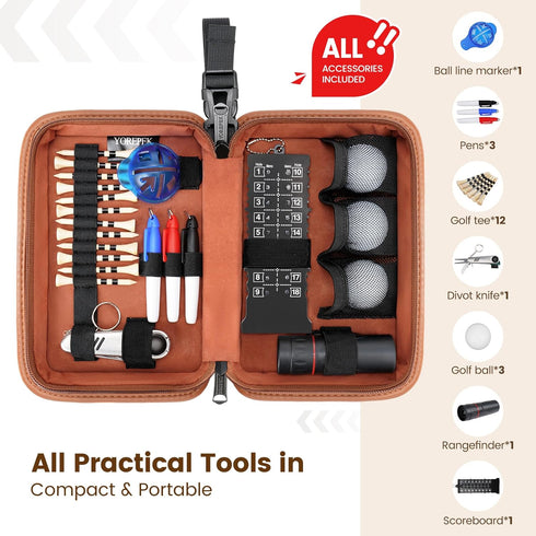 YOREPEK Golf Accessories Kit for Men, Leather Case Set with Balls, Tees, Divot Knife, Rangefinder