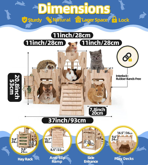 Chinchillas Larger Bunny Castle Sturdy Walnut Color Wooden Rabbit Hideout for Bunnies Guniea Pigs Ferrets Hamsters LXUS