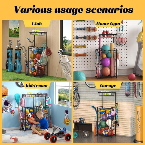 NuoyuanShen 3 Sports Equipment Organizer, Small Garage Ball Storage Rack with Elastic Straps and Hooks, Garage