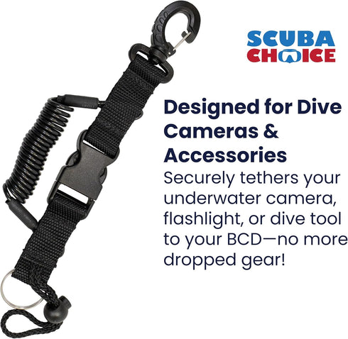 Scuba Choice Diving Black Snappy Coil Camera Lanyard Clip - 1.3m Coil with QB Buckles