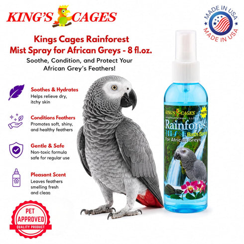 8 oz. King's Cages Rainforest Mist Spray African Grey Feather Conditioning Spray with Baby Powder Scent for Medium Bird