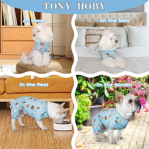 TONY HOBY Dog Pajamas, Soft Breathable Jumpsuit with Cute Smile Cupcake for Small Medium Dogs (Blue, XS)