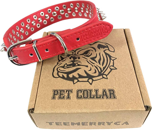 TEEMERRYCA Adjustable Dog Collars in Red, Microfiber Leather with Spiked Studs & Squeak Ball Gift for Small Medium