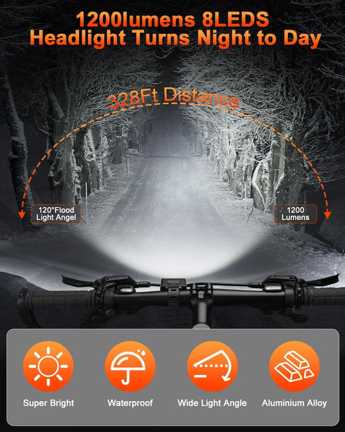 1200 Set ONVIAN Smart Bike Tail Light Alarm and Rechargeable Lumen Bike Headlight for Night Riding, Antitheft Bike Horn