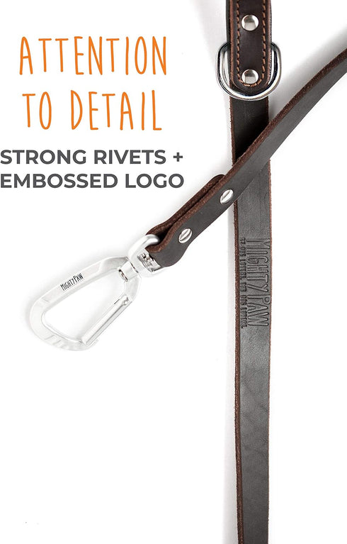 Mighty Paw Leather Dog Leash for Large Breeds, 6 Ft with Soft Padded Handle and Extra D-Ring for Waste Bags