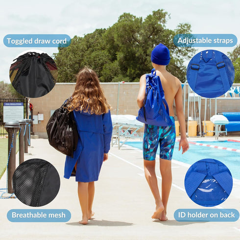 Sporti Swimming Equipment Bag - Zipper Pocket Mesh Drawstring Backpack, Big Mesh Gym Bag for Workout Gear