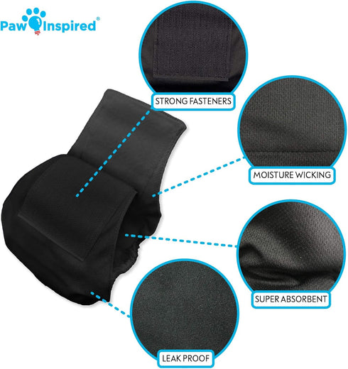 Paw Inspired 3ct Male Dog Wraps, Washable Belly Band for Dogs, Reusable Diapers for Marking, Small, Black