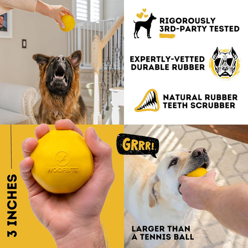 Indestructible Dog Ball, Lifetime Replacement for Medium & Large Breeds, Ultra Durable Natural Rubber - 3in Yellow
