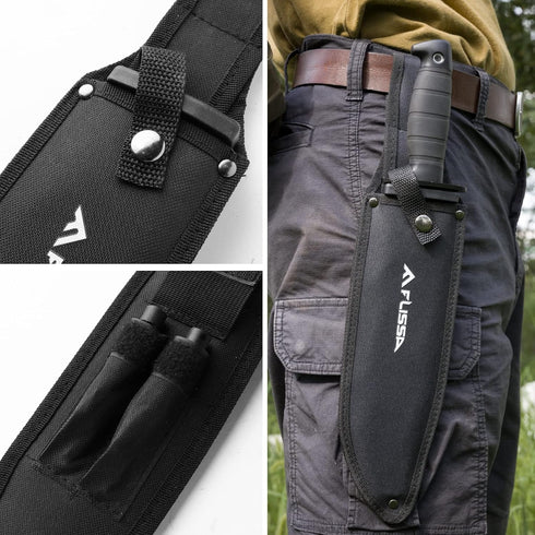 FLISSA 15-inch Tactical Bowie Knife with Sheath, Fixed Blade Survival Knife, Sharpener & Fire Starter for Camping