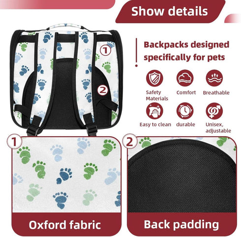 (1) Backpack Backpack Baby Footprints Pattern Green Blue Cat Carrier, Breathable Cat Carrier Large Space Bubble Pet