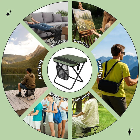 ABUUL 12" 265Lbs, Portable Collapsible Stool - Folding Chair with Storage Pouch, Convertible Satchel for Hands-Free