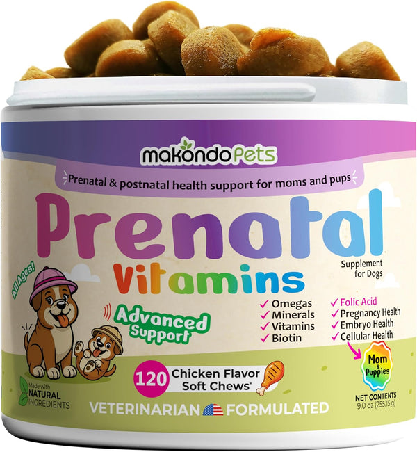 Dog Prenatal Vitamins 120 Soft Chews Multivitamin, Folic Acid, Zinc, B-Complex, DHA