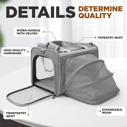 Expandable Grey Cat Carrier - Small Dog Bag for Traveling, Bunny Rabbit Purse, TSA Airline Approved