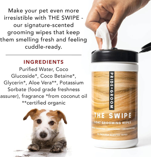 Pride and Groom The Swipe, Soothing Coat Grooming Wipes for Quick Cleaning & Deodorizing, 50 Wipes