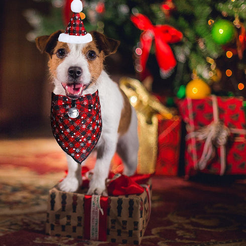 STMK Christmas Snowflake Dog Bandana Costume, Classic Plaid Scarf Hat Bow Tie with Bell Decoration for Pets