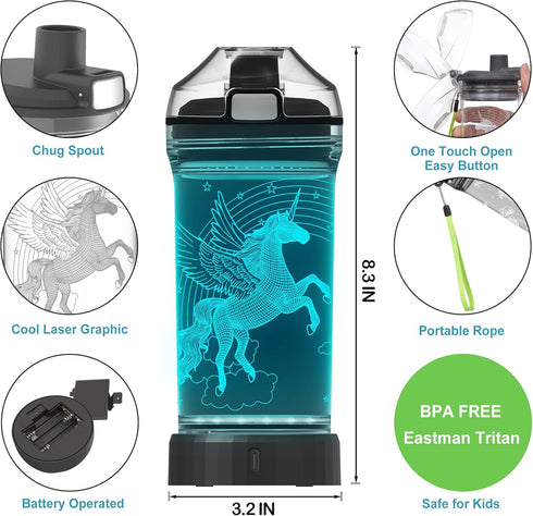 Kids Water Bottle with 3D Glowing Unicorn Illusion LED Light - 14 oz - Creative Gift for Girls