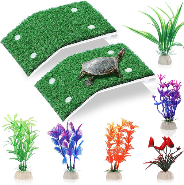 2 Pcs Medium Turtle Basking Platform Ramp with 6 Pcs Artificial Plastic Aquarium Plants for Small Reptile