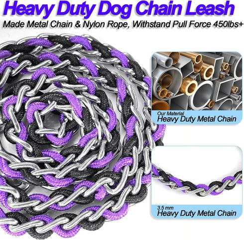Dog Leash Rope Chain - Heavy Duty Nylon Rope Metal Chain for Medium Large Dogs - 6ft Chew Proof Training Walking