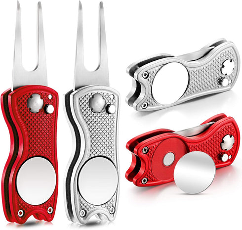 Skylety 4 Pieces Stainless Steel Golf Divot Repair Tool with Magnetic Button Ball Marker, Foldable Switchblade