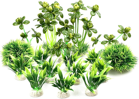 BEGONDIS 18 Pcs Artificial Green Water Plants Flower Set for Fish Tank Aquarium Decorations