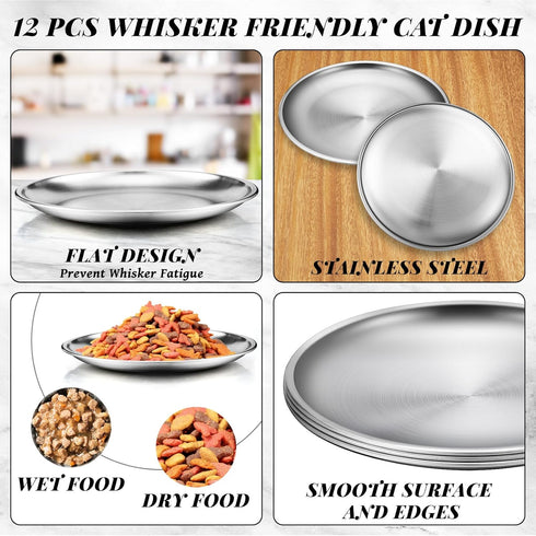 Domensi 12 Pieces Stainless Steel Cat Bowl Set, Shallow 6.7 Inch Cat Food Dish for Wet Feeding, Small Pet Plate