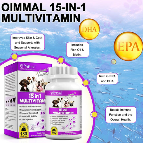 Dog Multivitamin Treats, 15 in 1 Tablets with Glucosamine, Cranberry, Milk Thistle, Supports Joint & Digestion