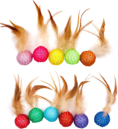 10Pcs Colorful Rainbow Flutter Balls with Feather and Bells for Indoor Outdoor Kitty Kitten Interactive Play