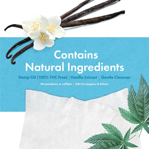 Petkin Hemp Pet Wipes for Dogs and Cats, 200 Count - Soothing Vanilla Scent, Conditions Face, Eyes, and Body