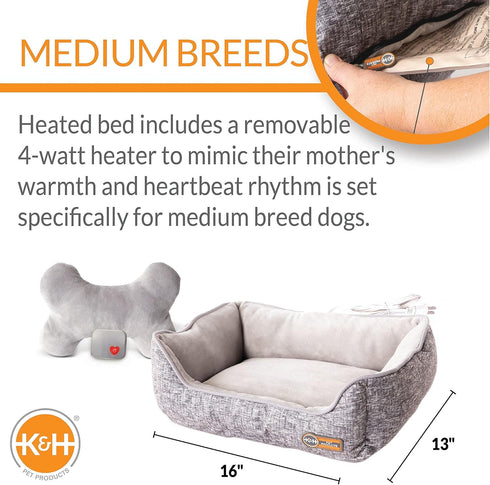 K&H Pet Products Mother's Heartbeat Heated Dog Bed with Bone Pillow, Gray 13 X 16 Inches, Puppy Essential