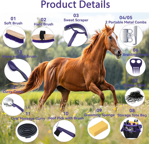 13 Set Piece Horse Grooming Kit, Complete Horse Brush & Curry Comb, Horse Brushes for Grooming with Tote Bag, Tack Room