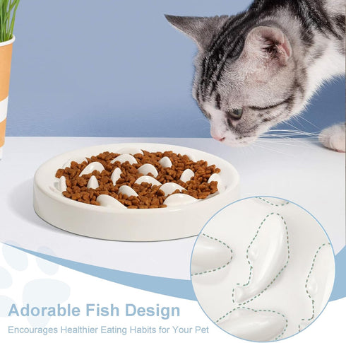 Slow Feeder Bowl for Cats and Small Dogs, Cilkus Fish Pool Design Puzzle Feeder Bowl for Healthy Eating (White)