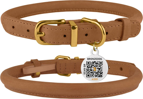 BronzeDog Rolled Leather Dog Collar - Adjustable Soft Round Collars with QR ID Tag for Small Medium Large Dogs