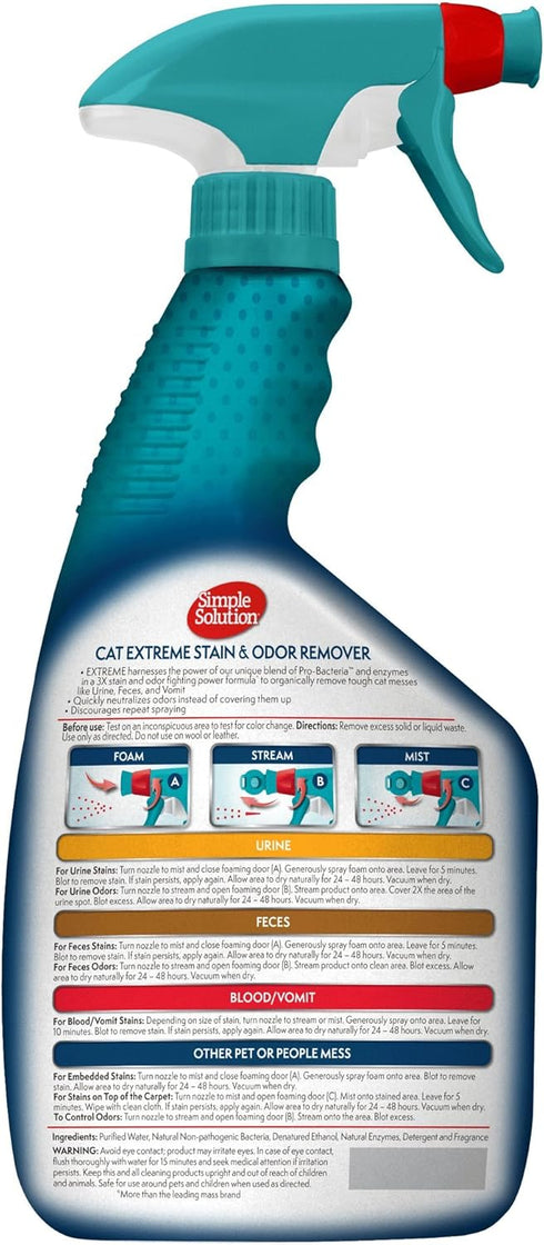 32oz (Pack 2) Simple Solution Extreme Cat Stain Eliminator, Stain Remover for Cats, Kitten Essentials, Floor Cleaner