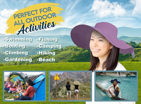 Straw Sun Hat for Women, Wide Brim UPF 50+ UV Protection Cap with Bow, Packable Beach Hat