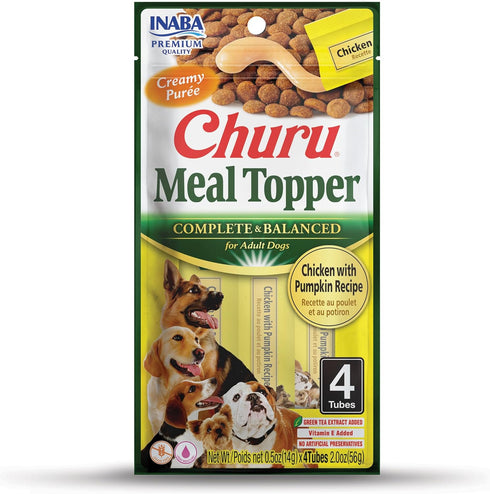 INABA Churu Meal Topper for Dogs: Complete & Balanced Creamy Lickable Purée Dog Food, 0.5 Ounce Tube, 4 Tubes