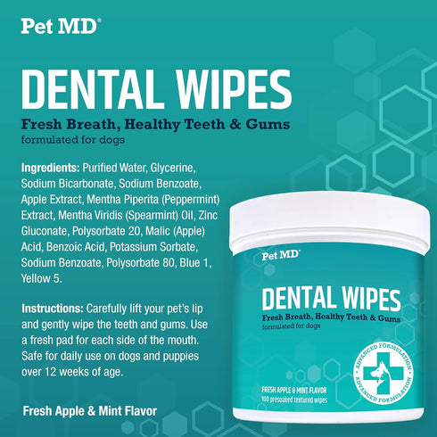Pet MD Dog Breath Freshener Dental Wipes for Dogs, Tartar and Plaque Remover, 100 Count