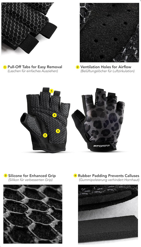 Fitgriff Workout Gloves (Padded) for Men & Women - Fingerless Gym Gloves for Weight Lifting, Training - Full Palm
