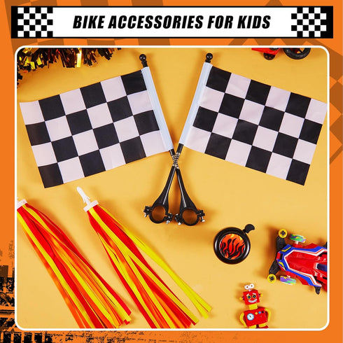 Liliful 5 Pcs Kids Bike Accessories, 2 Pcs Flame Streamers, Bike Bell, 2 Pcs Checkered Flags for Boys Girls