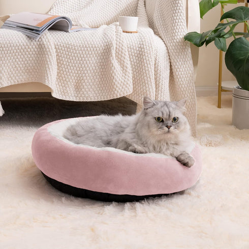 Love's Cabin Round Donut Cat and Dog Cushion Bed, 20in Pet Bed for Cats or Small Dogs, Anti-Slip & Water-Resistant, Pink
