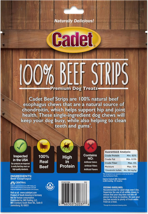 100% 4 Cadet Beef Strip Long Lasting Chews for Dogs, Single Ingredient Beef Esophagus Dog Treats, Natural High Protein