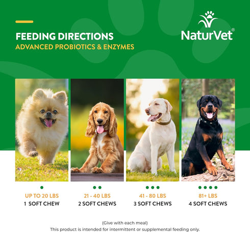 NaturVet Advanced Probiotics and Enzymes Supplement, Plus Vet Strength PB6 Probiotic, 70 Soft Chews Made in the USA